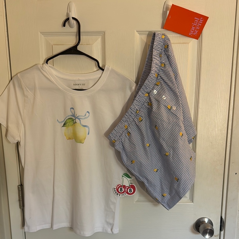 White Graphic Tee and Striped Shorts Set
